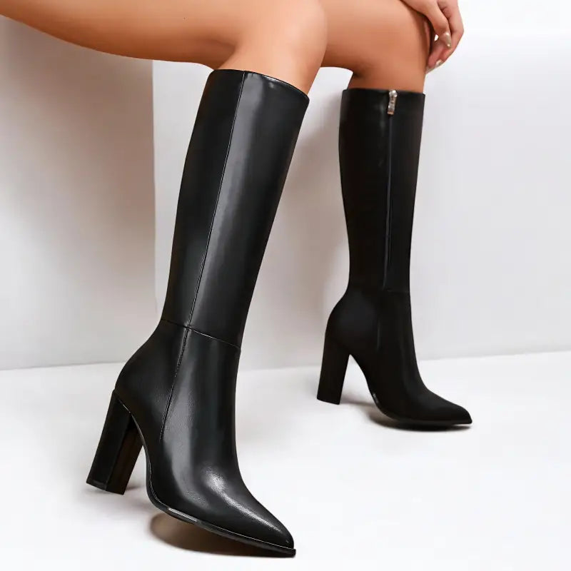 Bottes à talons hauts en cuir noir pour femme - 9,5cm