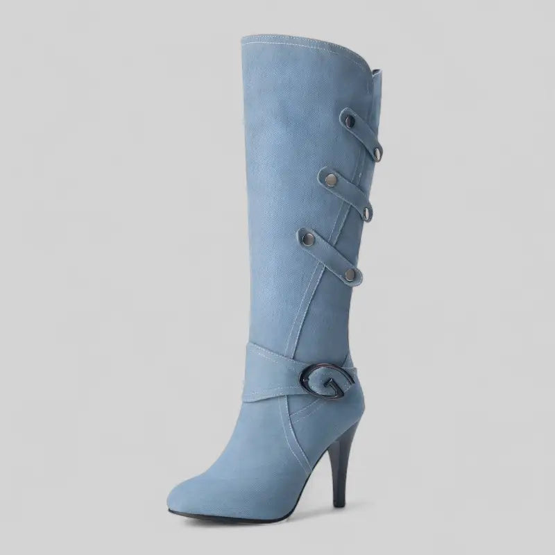 Bottes en denim bleu à talons hauts avec boucle décorative - Bleu Clair / 35