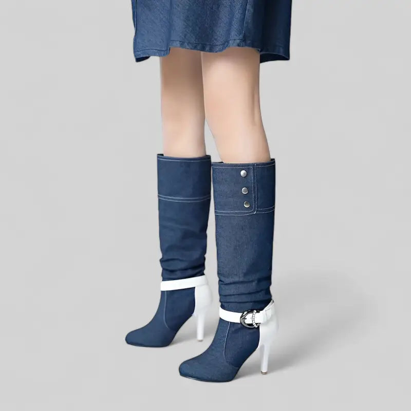 Bottes en denim bleu clair à talons aiguilles et détails ceinture femme - Bleu Foncé / 35