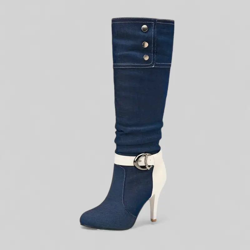 Bottes en denim bleu clair à talons aiguilles et détails ceinture femme