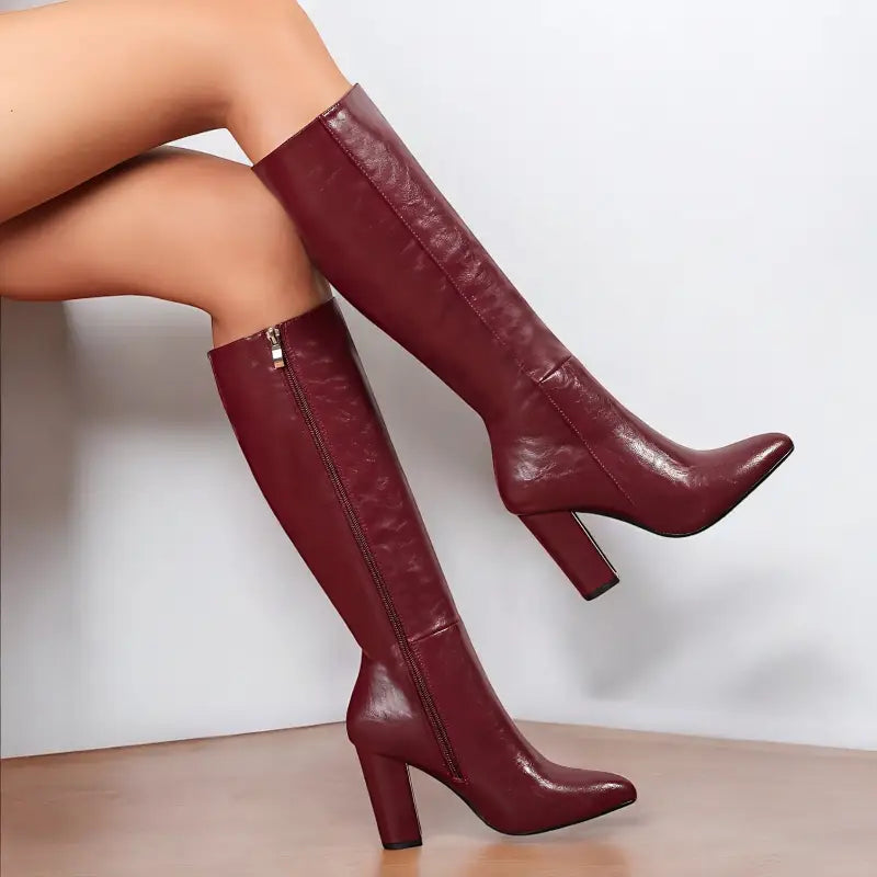 Bottes hautes bordeaux à talon bloc - 9cm