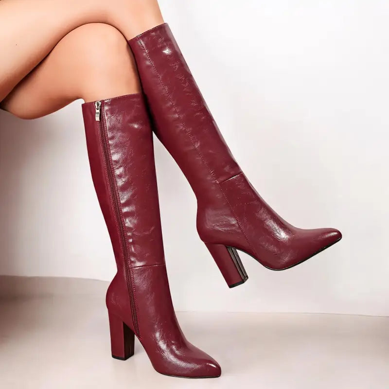 Bottes hautes bordeaux à talon bloc - 9cm