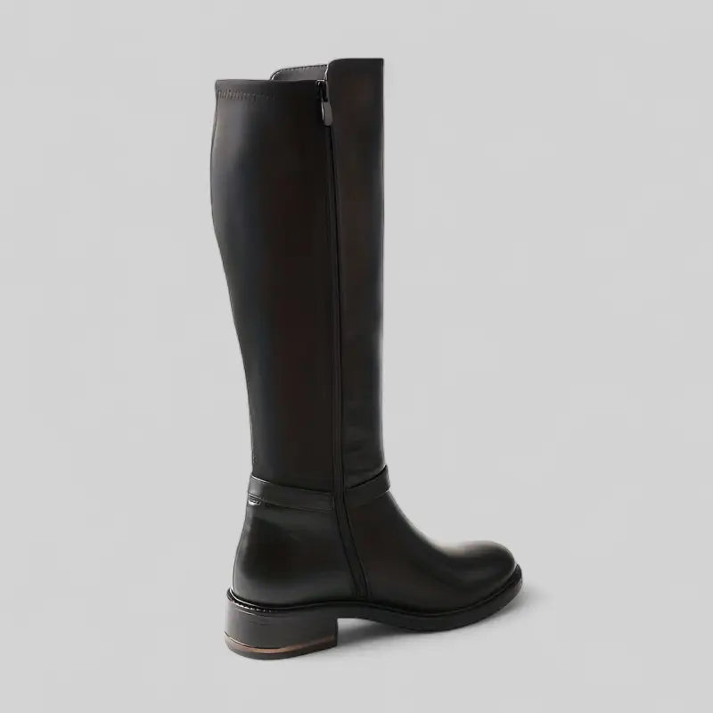 Bottes hautes noires en cuir synthétique avec talon bas et fermeture éclair