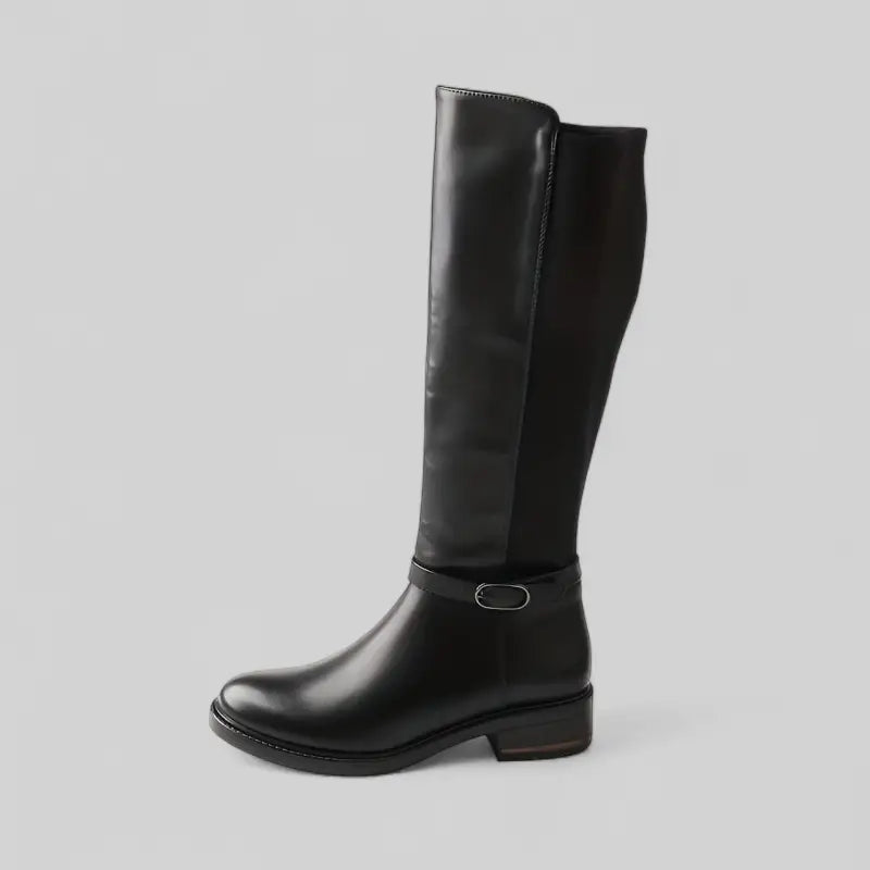 Bottes hautes noires en cuir synthétique avec talon bas et fermeture éclair