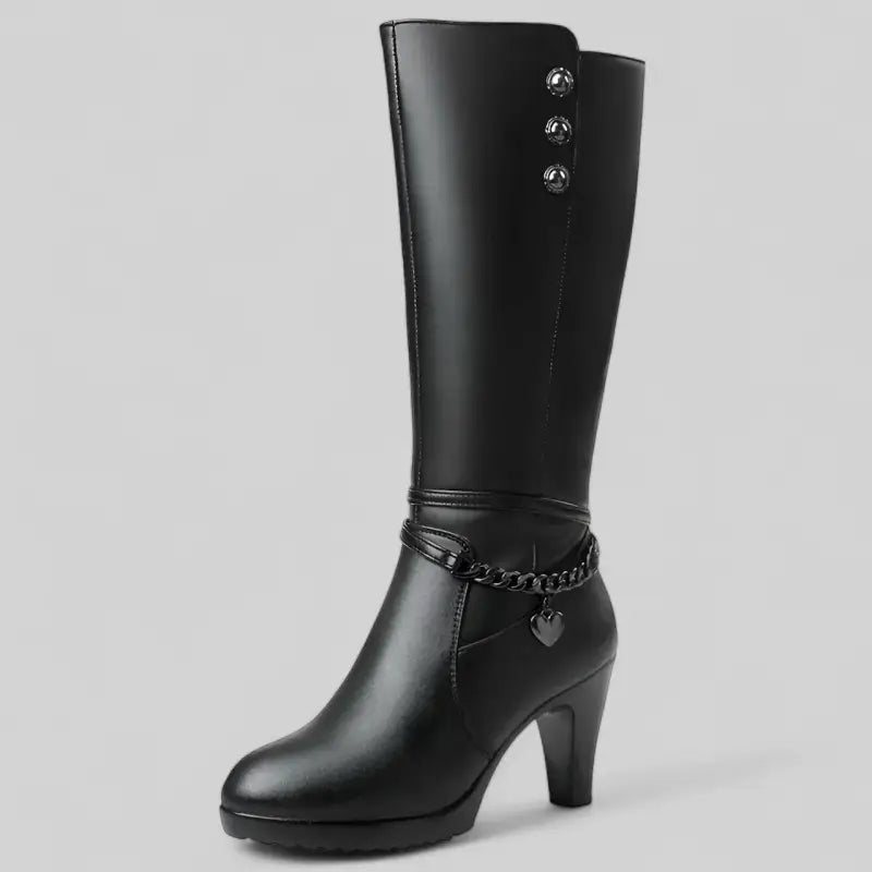 Bottes hiver noires fourrées talons hauts avec décor chaîne femme