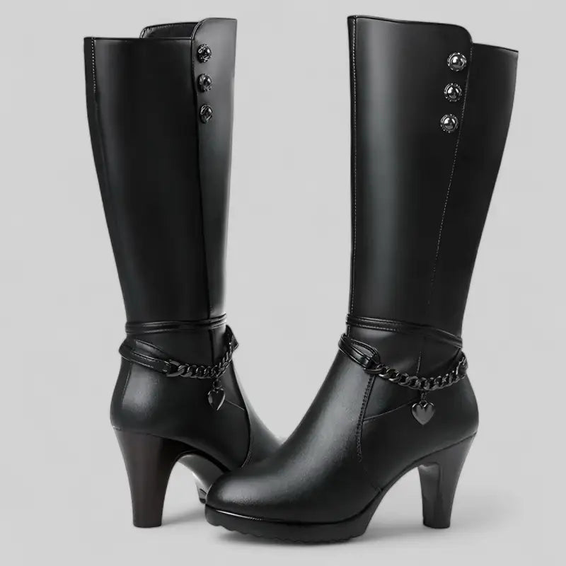 Bottes hiver noires fourrées talons hauts avec décor chaîne femme