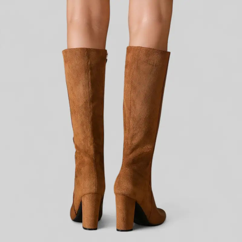 Bottes marron mi-hautes en bi-matière cuir et daim avec talons blocs fermeture éclair