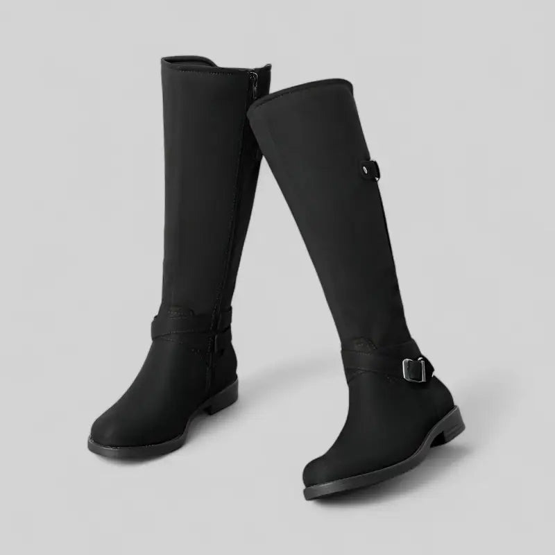 Bottes noires mi-hauteur à talon plat avec boucles décoratives