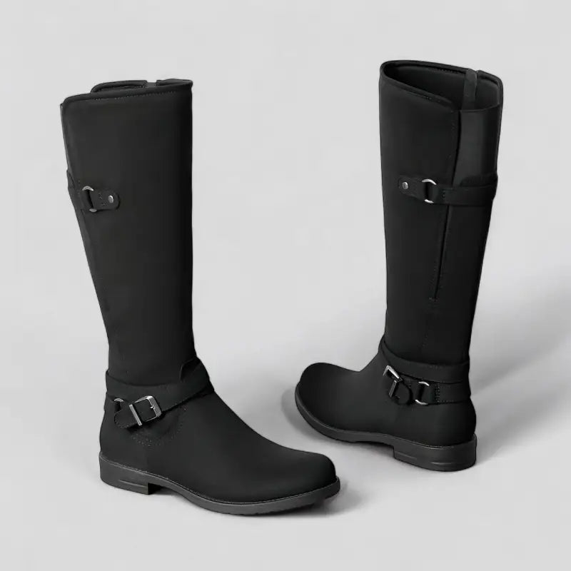 Bottes noires mi-hauteur à talon plat avec boucles décoratives